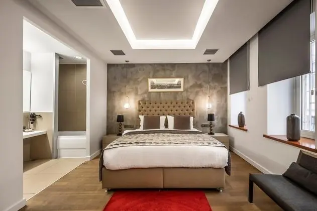 bed and bathroom