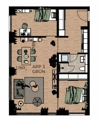 Comfort Apart Daire, 2 Yatak Odası, Sigara İçilmez, Mutfak (Apartment 3 - Green)