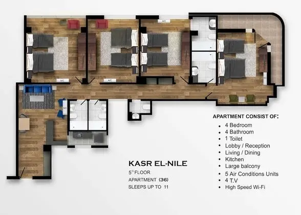 Luxury Apart Daire, 4 Yatak Odası, Küçük Mutfak