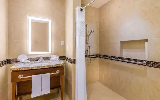 Oda, 1 Büyük (Queen) Boy Yatak ve Çekyat, Engellilere Uygun (Mobility & Hearing, Roll-in Shower)