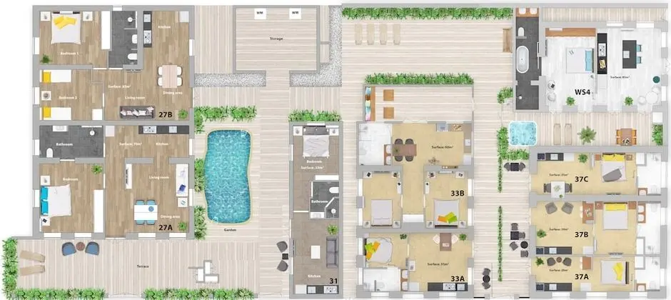 Flamingo Petite ground floor studio, with small terrace and shared plunge pool