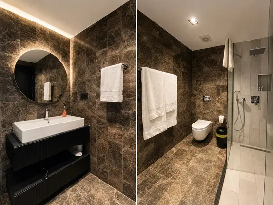 Mermer Kaplamalı Modern Özel Banyo, Geniş Duş Alanı Ve Misafirlerimize Özel Banyo Tekstilleri.