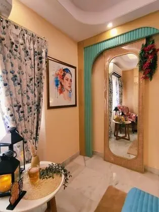 Bohemian Theme Room with Artistic Rattan decor & Designer Washroom