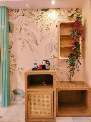 Bohemian Theme Room with Artistic Rattan decor & Designer Washroom