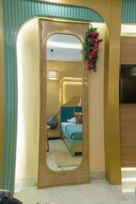 Bohemian Theme Room with Artistic Rattan decor & Designer Washroom