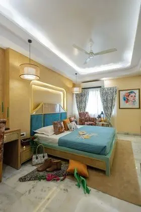 Bohemian Theme Room with Artistic Rattan decor & Designer Washroom