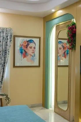 Bohemian Theme Room with Artistic Rattan decor & Designer Washroom