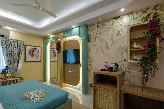Bohemian Theme Room with Artistic Rattan decor & Designer Washroom