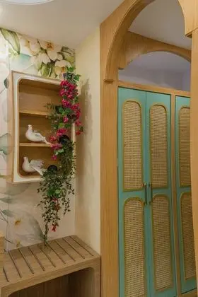 Bohemian Theme Room with Artistic Rattan decor & Designer Washroom