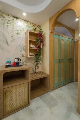 Bohemian Theme Room with Artistic Rattan decor & Designer Washroom