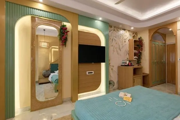 Bohemian Theme Room with Artistic Rattan decor & Designer Washroom