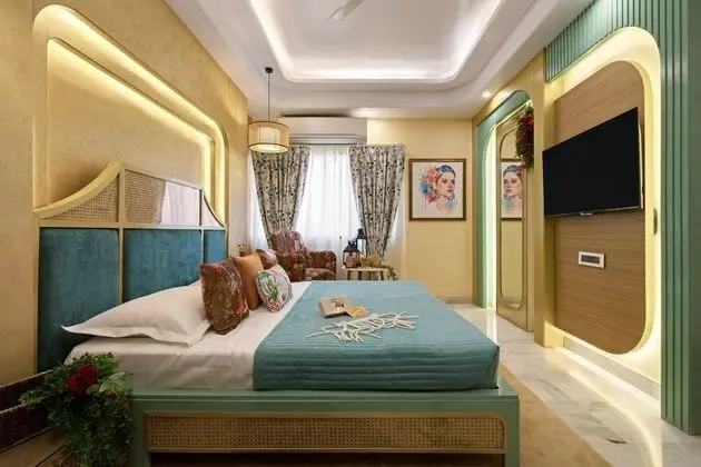 Bohemian Theme Room with Artistic Rattan decor & Designer Washroom
