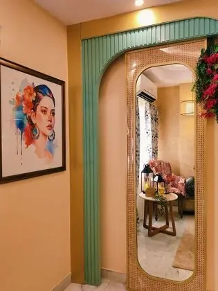 Bohemian Theme Room with Artistic Rattan decor & Designer Washroom