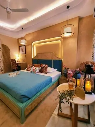 Bohemian Theme Room with Artistic Rattan decor & Designer Washroom